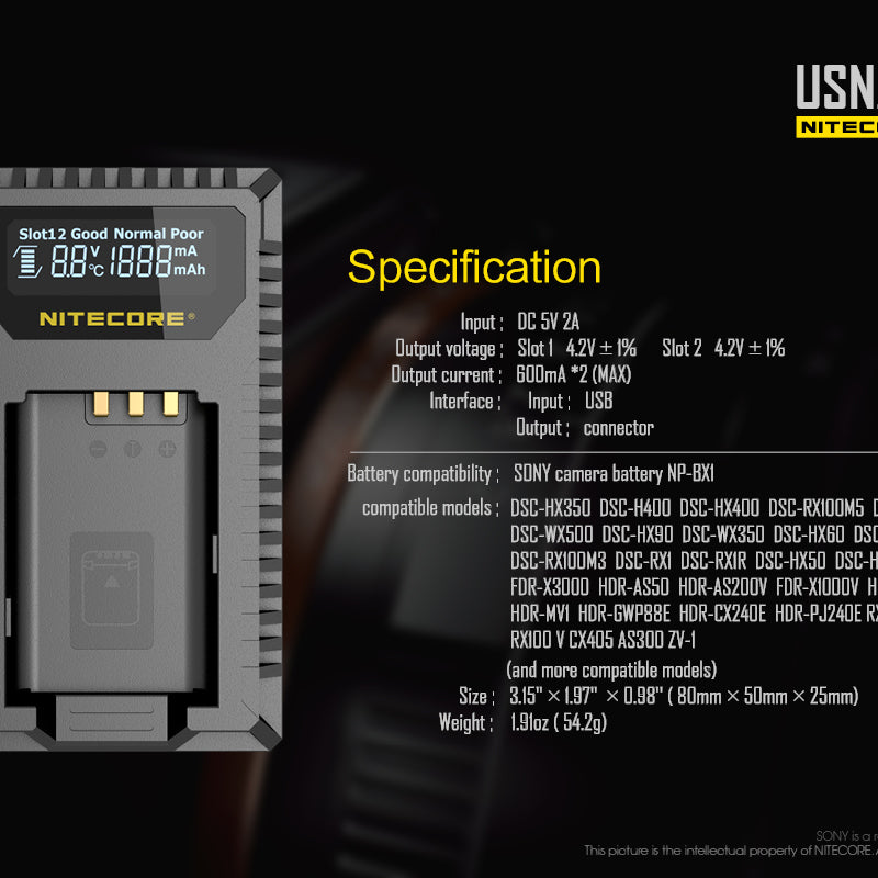NITECORE USN2 (Sony NP-BX1) Dual-Slot Battery Charger