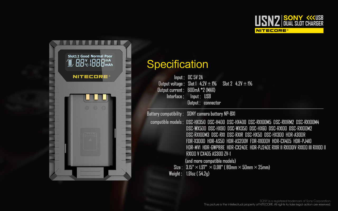 NITECORE USN2 (Sony NP-BX1) Dual-Slot Battery Charger
