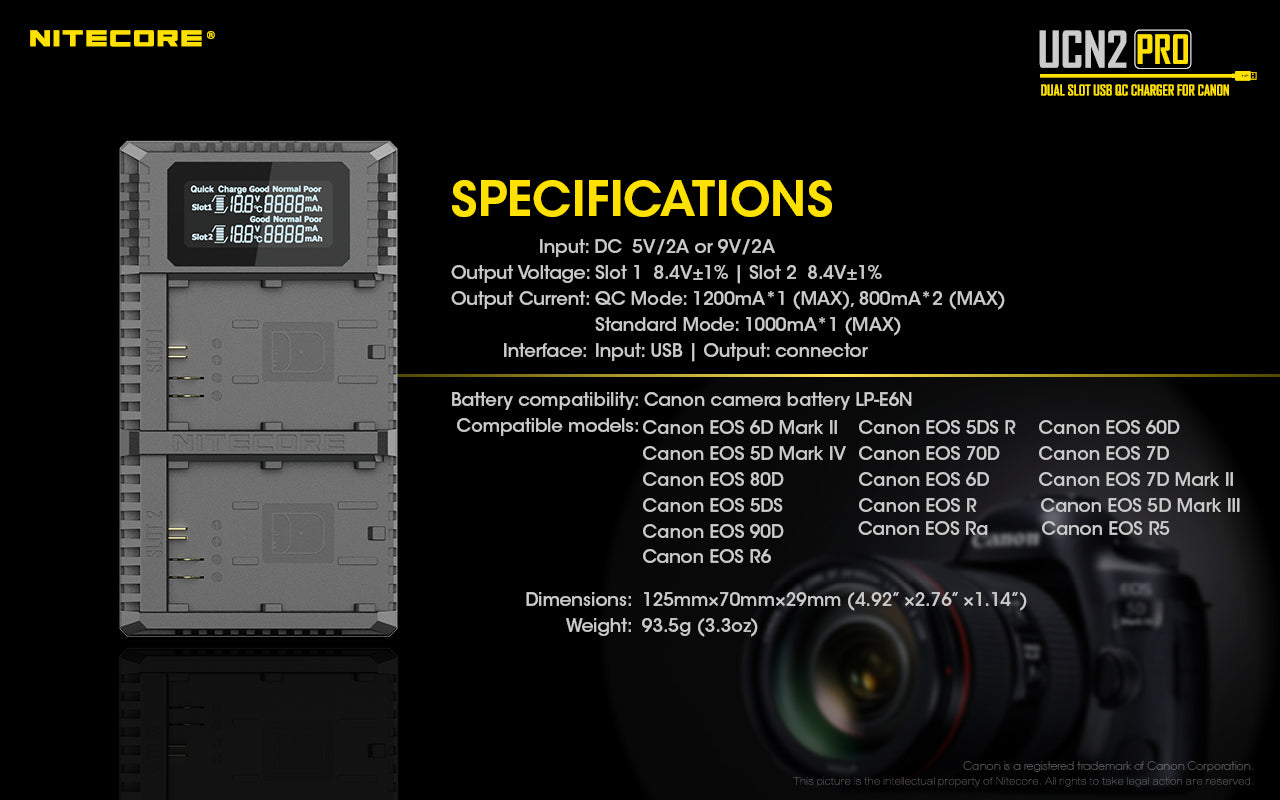NITECORE UCN2 PRO (Canon LP-E6 Series) Dual-Slot Battery Charger