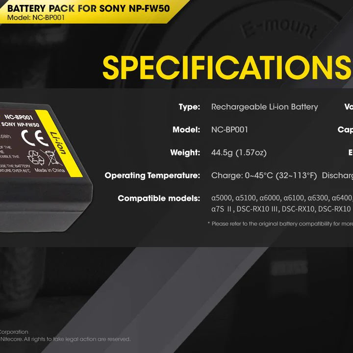 NITECORE NP-FW50 (1030mAh) Battery Pack for Sony (NC-BP001)