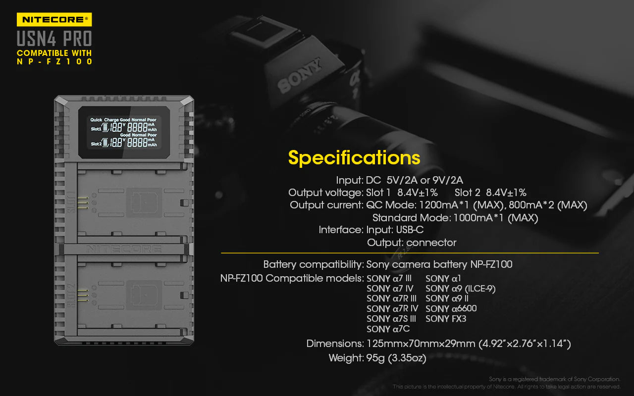 NITECORE USN4 PRO (Sony NP-FZ100) Dual-Slot Battery Charger