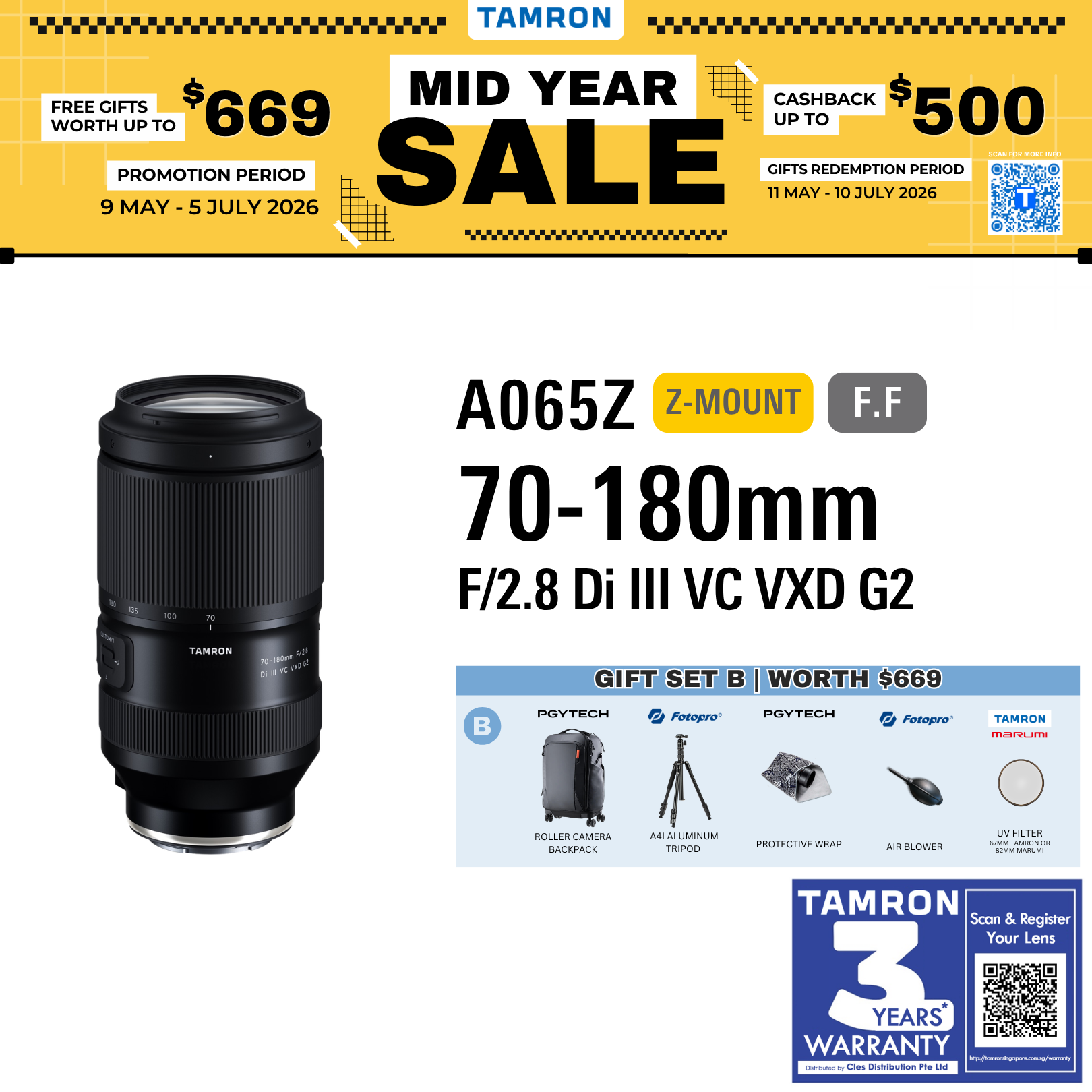 A065Z | Tamron 70-180mm f/2.8 Di III VC VXD G2 w/ Hood for Nikon Z