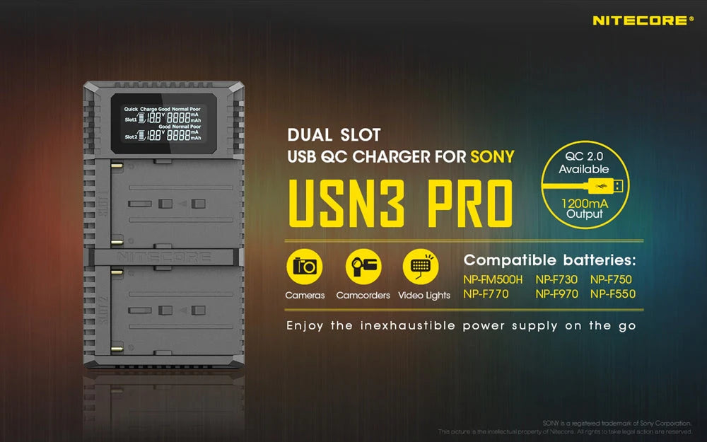 NITECORE USN3 PRO (Sony NP-F Series) Dual-Slot Battery Charger
