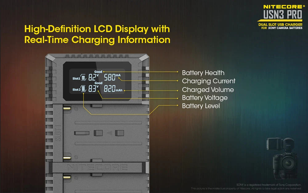 NITECORE USN3 PRO (Sony NP-F Series) Dual-Slot Battery Charger