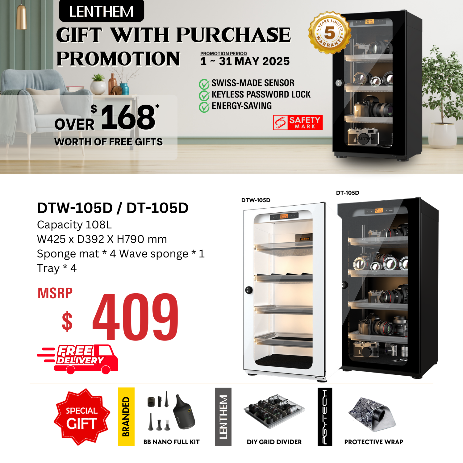 Lenthem DT-105D / DTW-105D 108L Dry Cabinet Box
