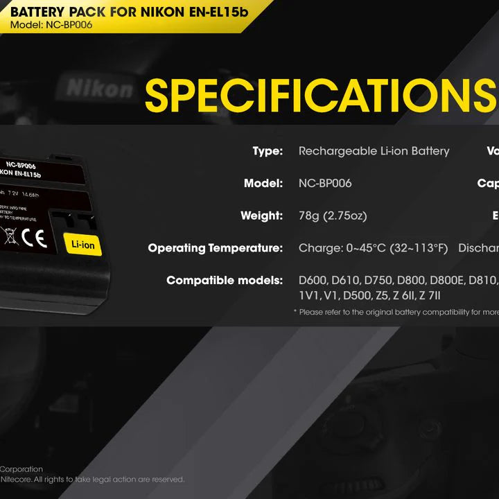 NITECORE EN-EL15B (2040mAh) Battery Pack for Nikon (NC-BP006)