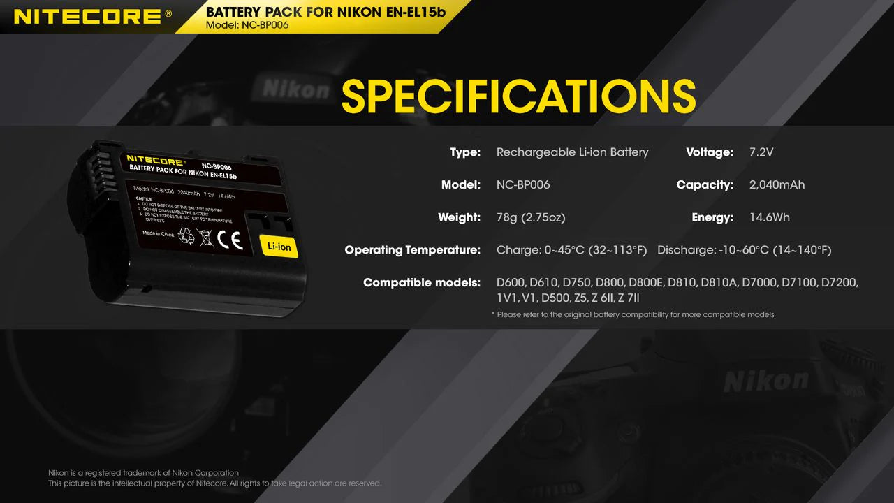 NITECORE EN-EL15B (2040mAh) Battery Pack for Nikon (NC-BP006)