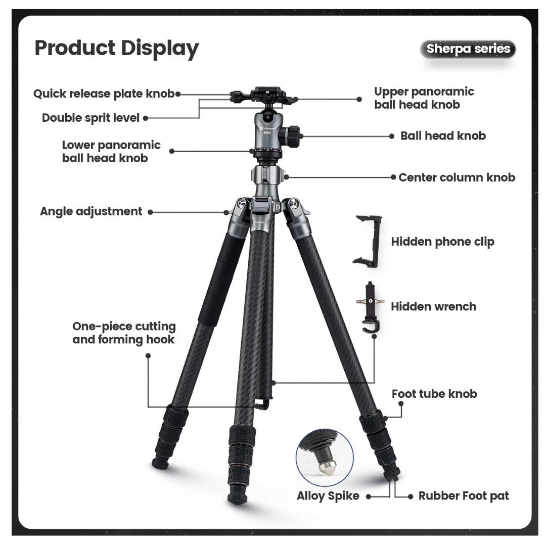 FOTOPRO SHERPA MAX + 62QS Carbon Fiber Tripod (Display Unit)