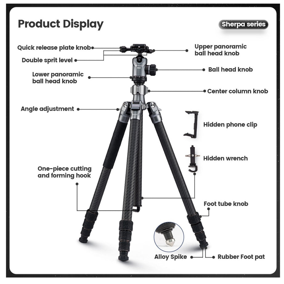 FOTOPRO Sherpa + 42QS Carbon Fiber Tripod (Display Unit)