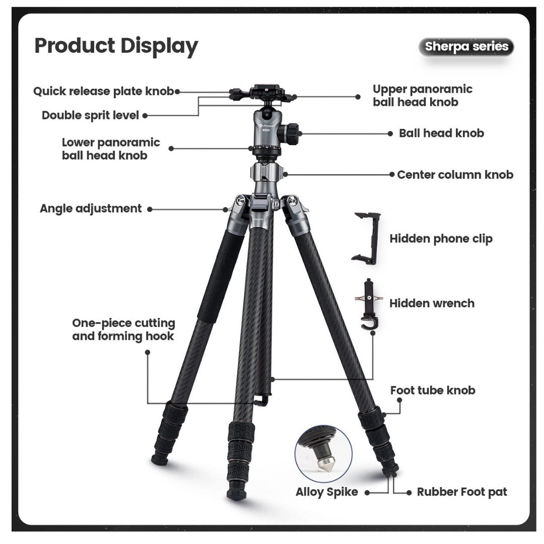 FOTOPRO Sherpa + 42QS Carbon Fiber Tripod (Display Unit)